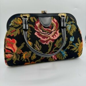 Vintage Jaclyn USA Floral Tapestry Top Handle Handbag Structured Needlepoint
